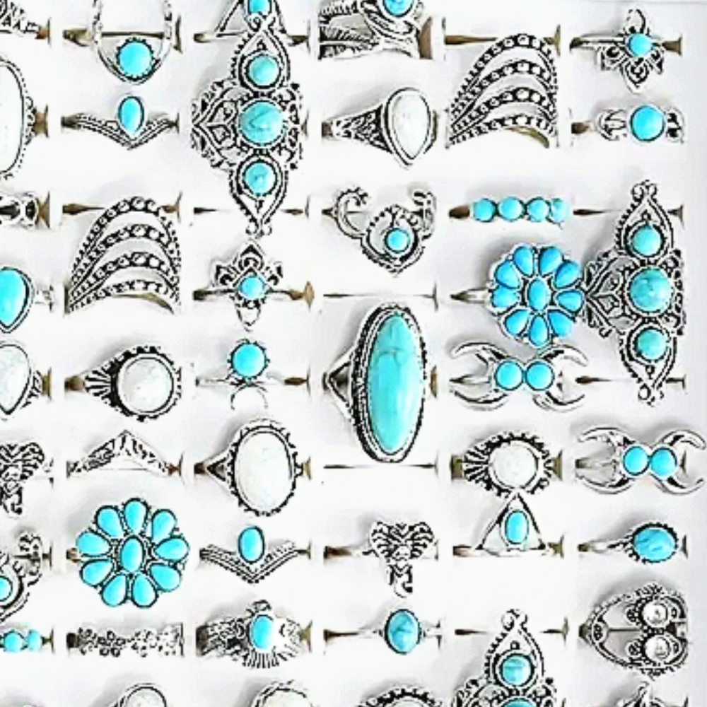 Silvertone Turquoise Opal Faux Lot of 40 Rings Boho Flower Fashion Ring GIFT New - Picture 5 of 15